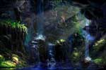 картинки фантастика,рисунок водопад лес птицы деревья